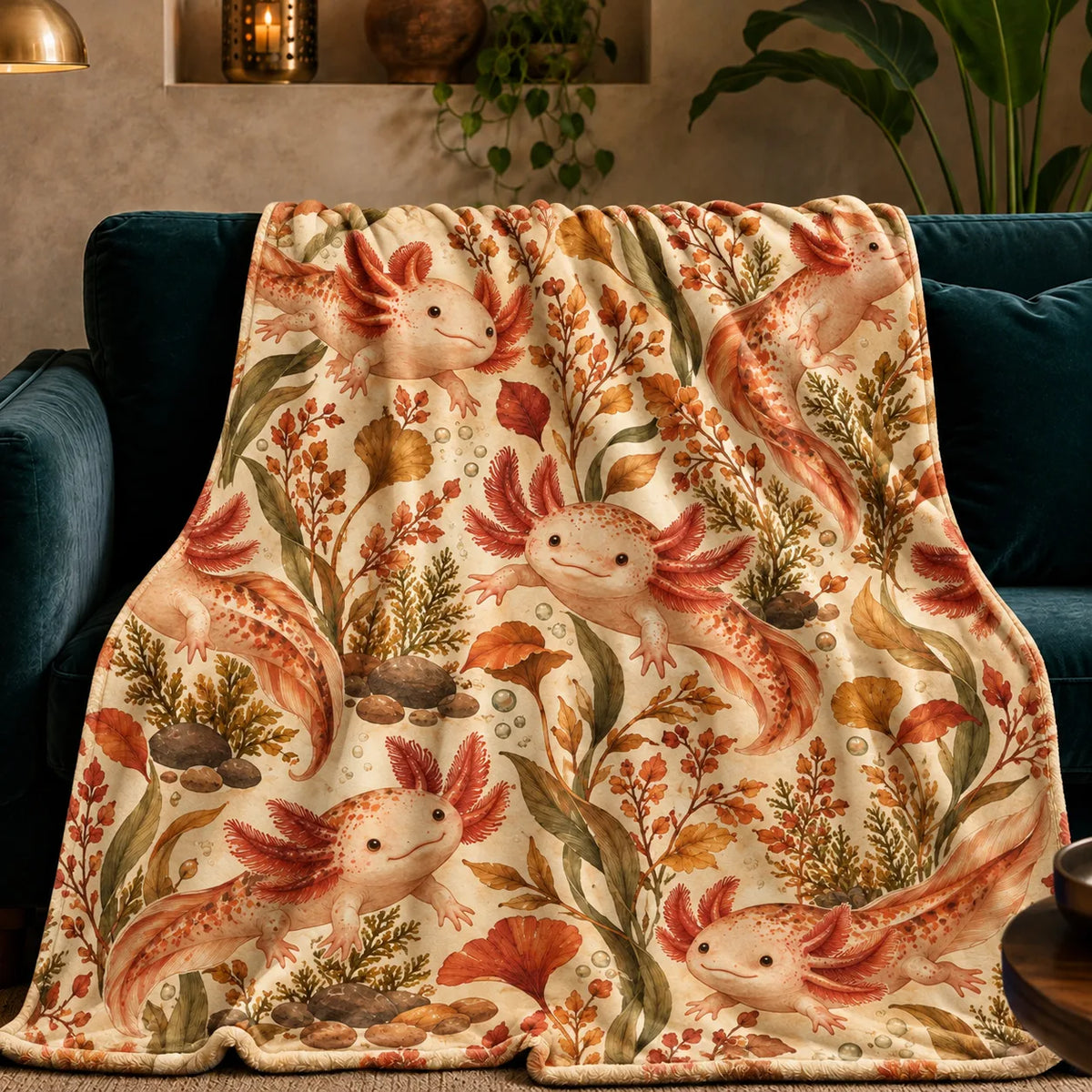 Autumn Copper Axolotl fleece throw blanket — peach axolotls among copper, rust and gold leaves, ginkgo and pebbles on cream