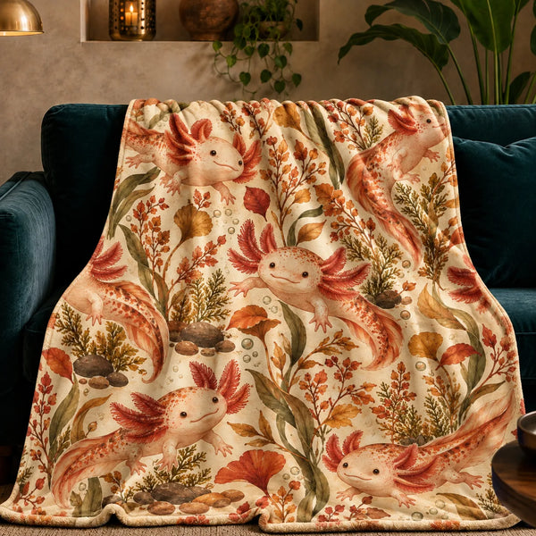 Autumn Copper Axolotl fleece throw blanket — peach axolotls among copper, rust and gold leaves, ginkgo and pebbles on cream