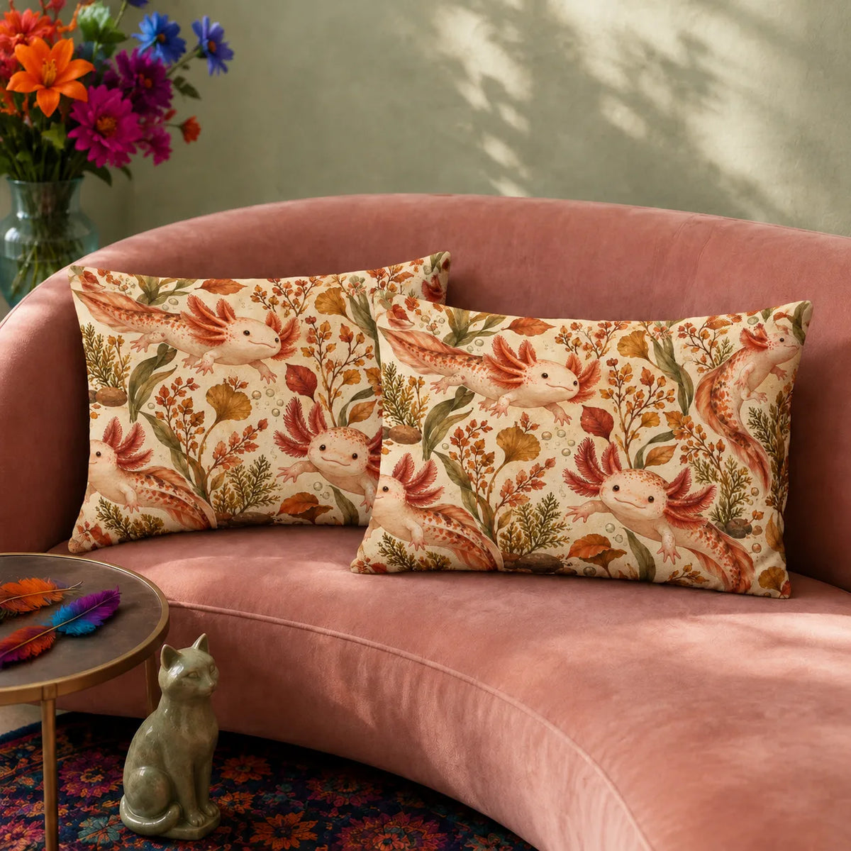 Autumn Copper Axolotl pillowcase set — peach axolotls among copper, rust and gold leaves, ginkgo and pebbles on cream