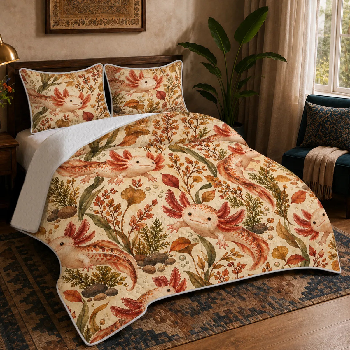 Autumn Copper Axolotl quilt set — peach axolotls among copper, rust and gold leaves, ginkgo and pebbles on cream