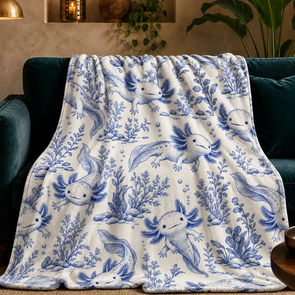 Blue Toile Axolotl fleece throw blanket — blue toile axolotls among water plants, river stones and bubbles on cream