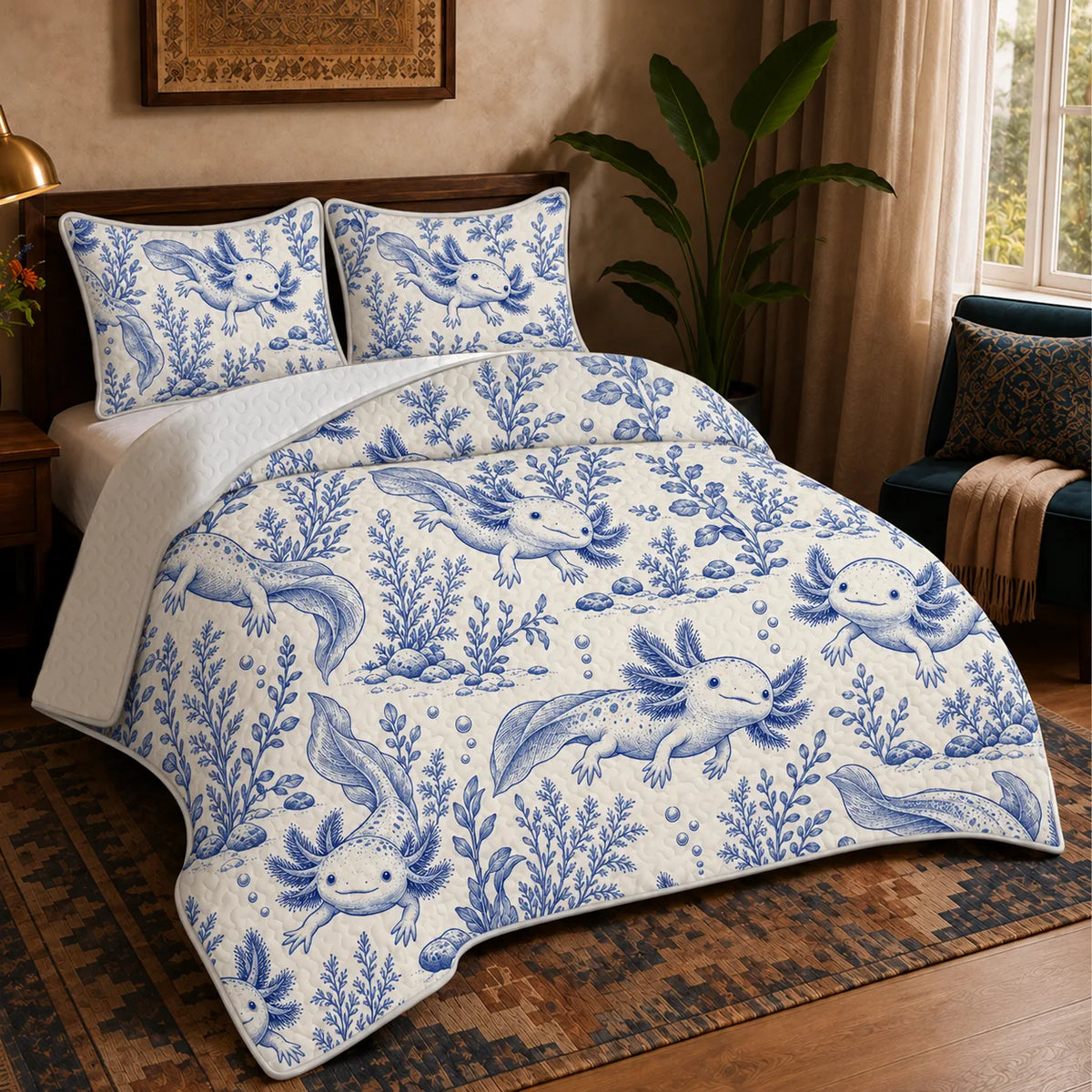 Blue Toile Axolotl quilt set — blue toile axolotls among water plants, river stones and bubbles on cream