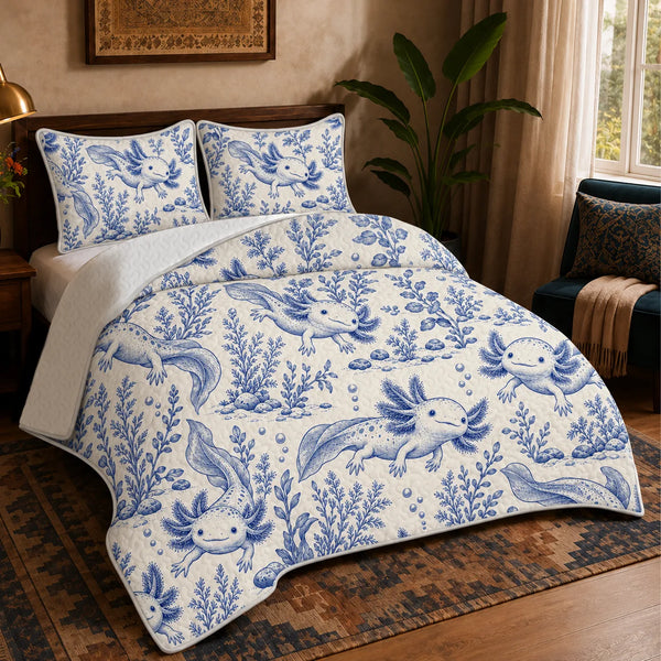 Blue Toile Axolotl quilt set — blue toile axolotls among water plants, river stones and bubbles on cream