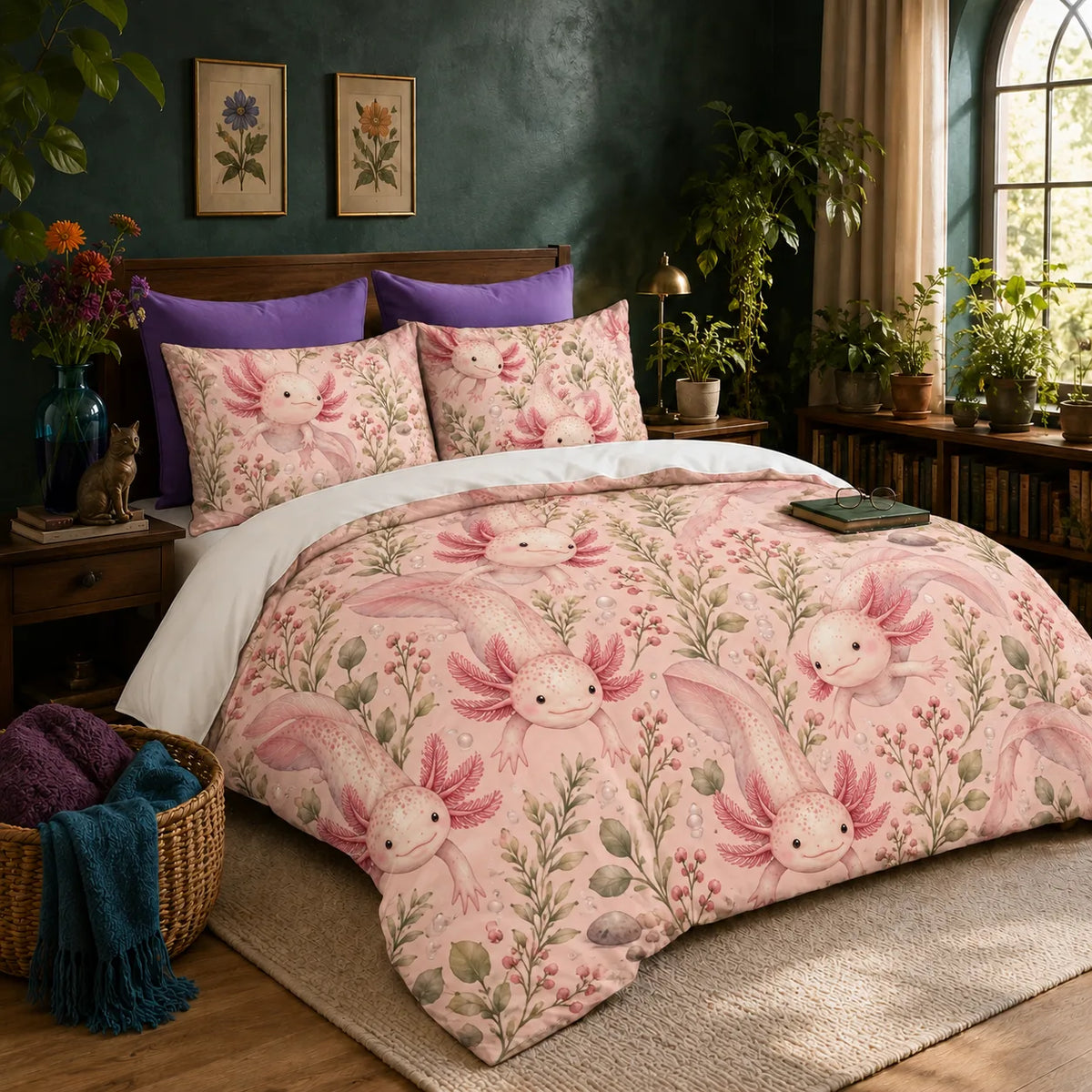 Blush Meadow Axolotl duvet cover set — pink axolotls with sage stems, pink berry sprigs and pebbles on blush pink