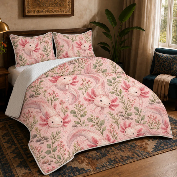 Blush Meadow Axolotl quilt set — pink axolotls with sage stems, pink berry sprigs and pebbles on blush pink