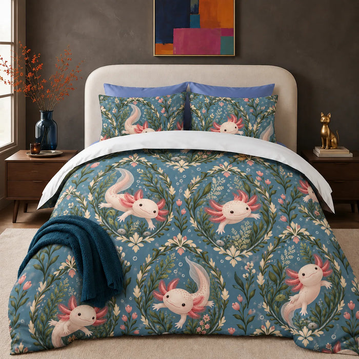 Botanical Medallions Axolotl comforter set — blush axolotls inside green leaf medallions with pink buds on dusty slate blue