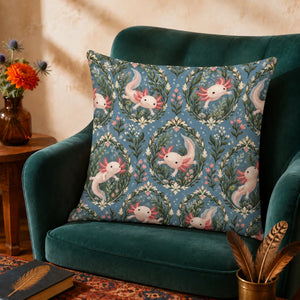 Botanical Medallions Axolotl cushion cover set — blush axolotls inside green leaf medallions with pink buds on dusty slate blue
