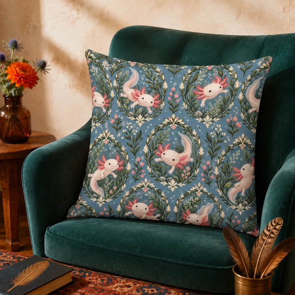 Botanical Medallions Axolotl cushion cover set — blush axolotls inside green leaf medallions with pink buds on dusty slate blue
