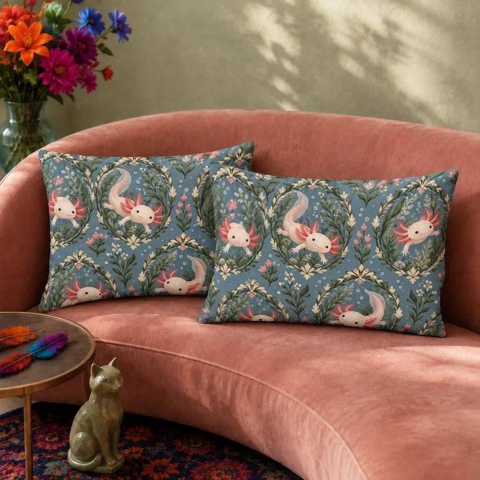 Botanical Medallions Axolotl pillowcase set — blush axolotls inside green leaf medallions with pink buds on dusty slate blue