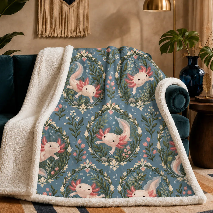Botanical Medallions Axolotl sherpa blanket — blush axolotls inside green leaf medallions with pink buds on dusty slate blue