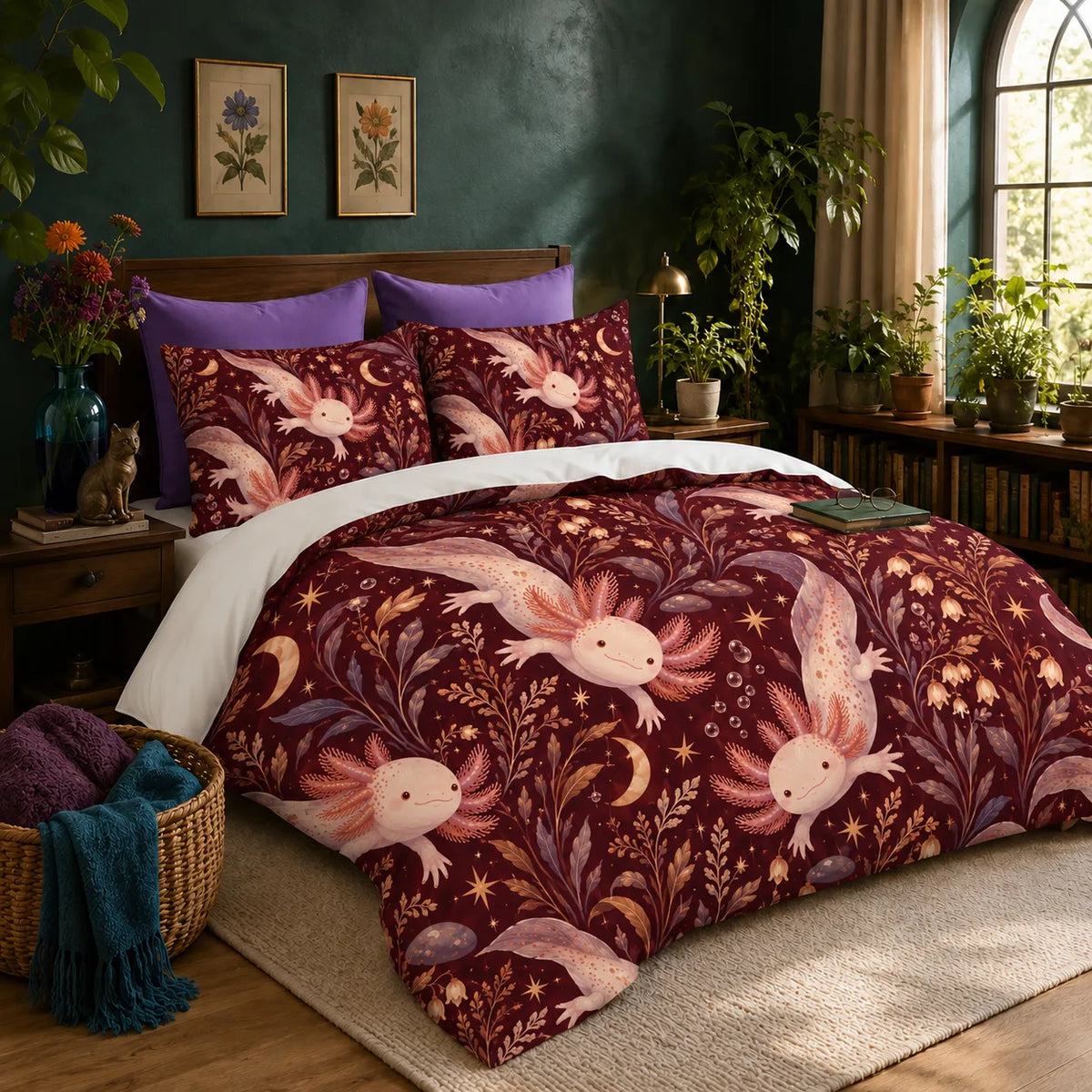 Burgundy Night Axolotl duvet cover set — pink axolotls with gold crescent moons, stars and mauve leaves on deep burgundy