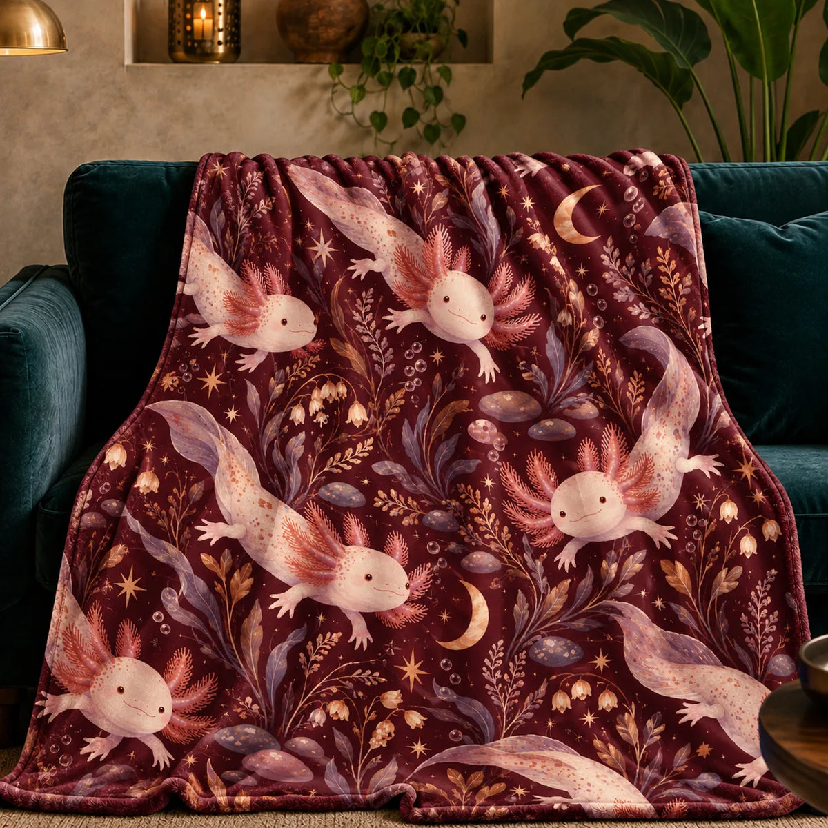 Burgundy Night Axolotl fleece throw blanket — pink axolotls with gold crescent moons, stars and mauve leaves on deep burgundy