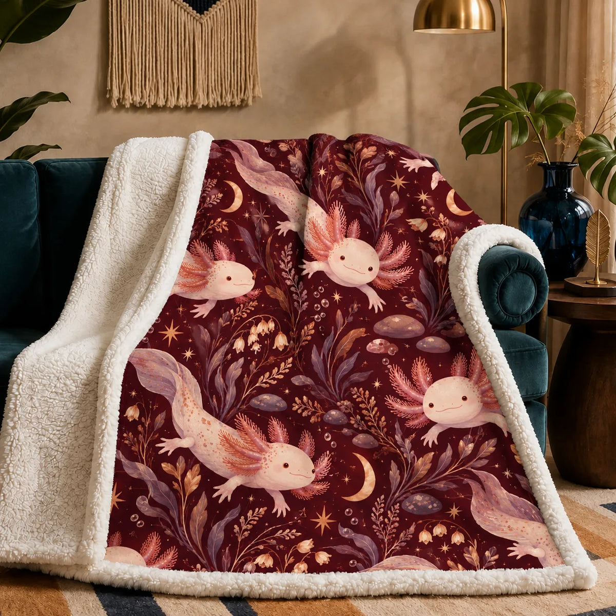 Burgundy Night Axolotl sherpa blanket — pink axolotls with gold crescent moons, stars and mauve leaves on deep burgundy