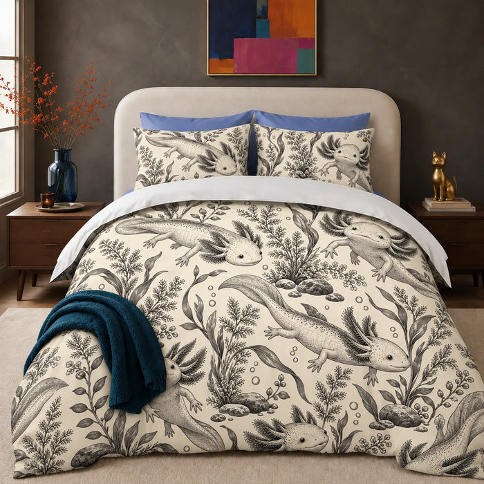 Charcoal Engraving Axolotl comforter set — charcoal gray etched axolotls among ferns, seaweed and rocks on cream