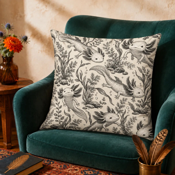 Charcoal Engraving Axolotl cushion cover set — charcoal gray etched axolotls among ferns, seaweed and rocks on cream