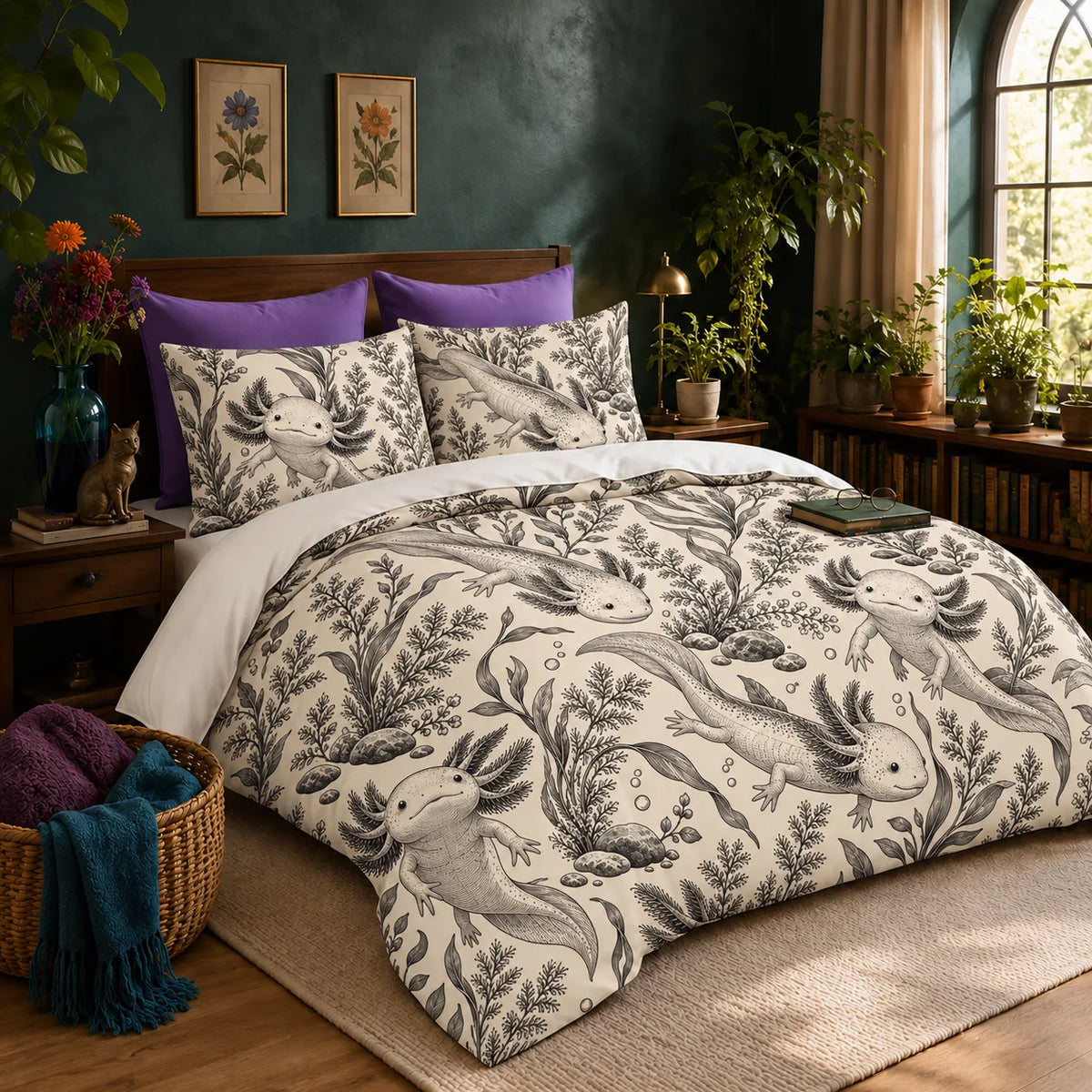 Charcoal Engraving Axolotl duvet cover set — charcoal gray etched axolotls among ferns, seaweed and rocks on cream