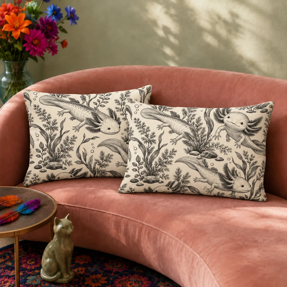 Charcoal Engraving Axolotl pillowcase set — charcoal gray etched axolotls among ferns, seaweed and rocks on cream