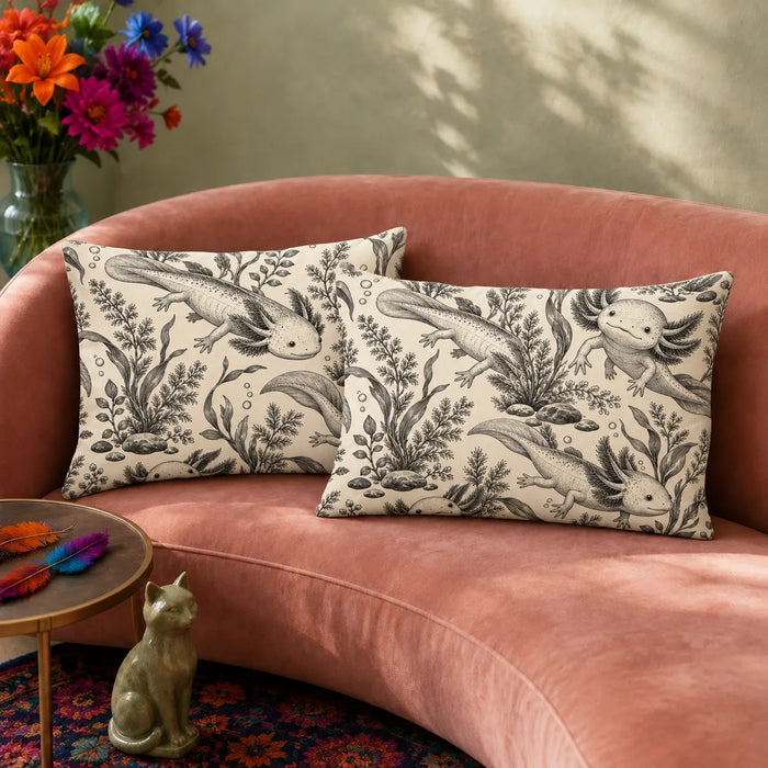 Charcoal Engraving Axolotl pillowcase set — charcoal gray etched axolotls among ferns, seaweed and rocks on cream