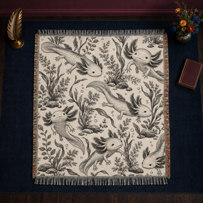 Charcoal Engraving Axolotl woven throw blanket — charcoal gray etched axolotls among ferns, seaweed and rocks on cream