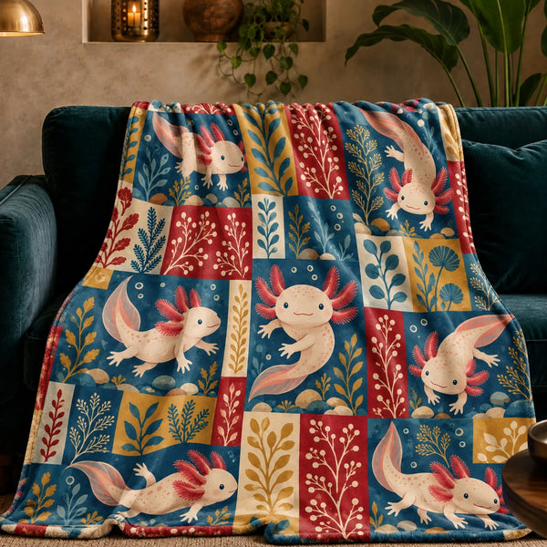 Heirloom Patchwork Axolotl fleece throw blanket — cream axolotls over patchwork squares of blue, red and mustard folk sprigs