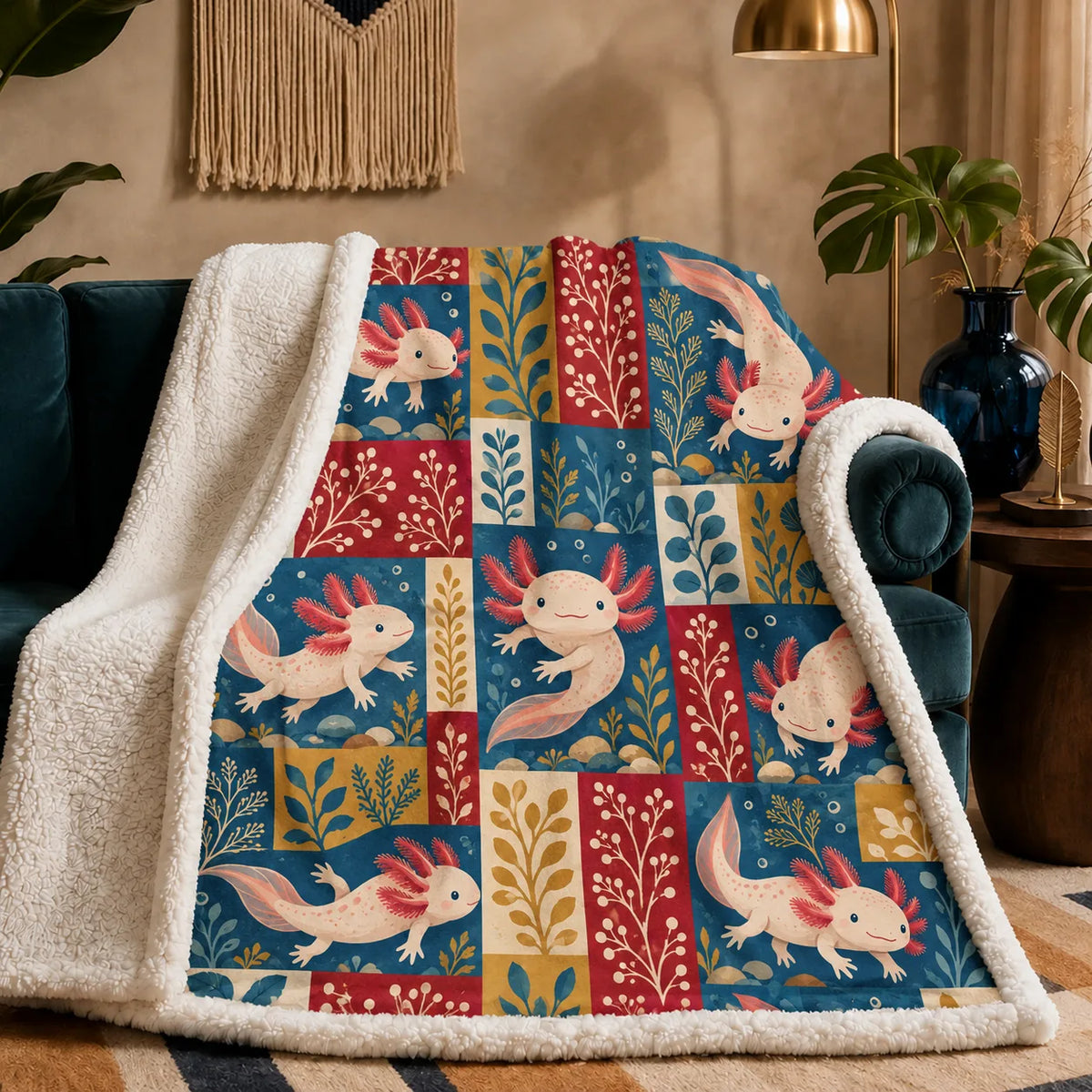 Heirloom Patchwork Axolotl sherpa blanket — cream axolotls over patchwork squares of blue, red and mustard folk sprigs