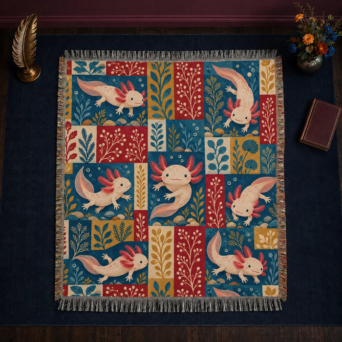 Heirloom Patchwork Axolotl woven throw blanket — cream axolotls over patchwork squares of blue, red and mustard folk sprigs