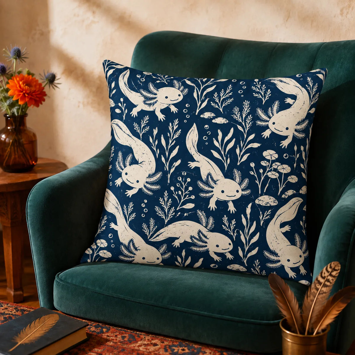 Indigo Block Print Axolotl cushion cover set — cream axolotls with seaweed sprigs, lily pads and bubbles on deep indigo blue