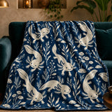 Indigo Block Print Axolotl Fleece Throw Blanket