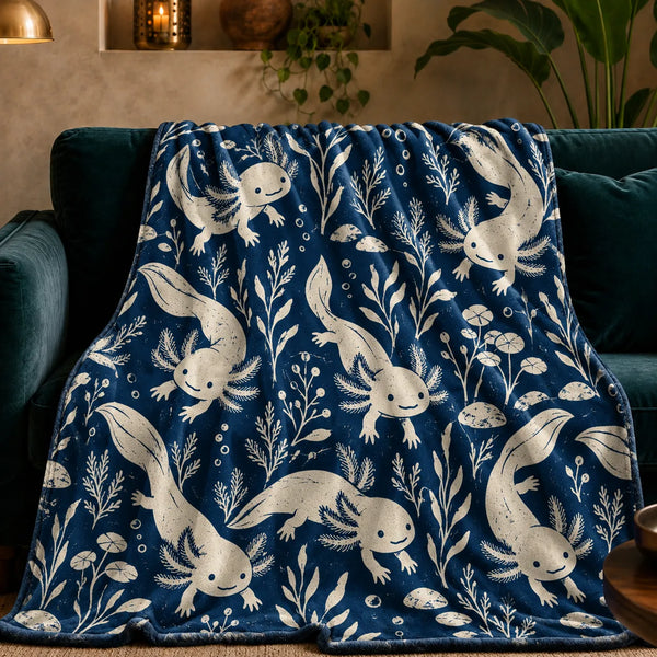 Indigo Block Print Axolotl fleece throw blanket — cream axolotls with seaweed sprigs, lily pads and bubbles on deep indigo blue
