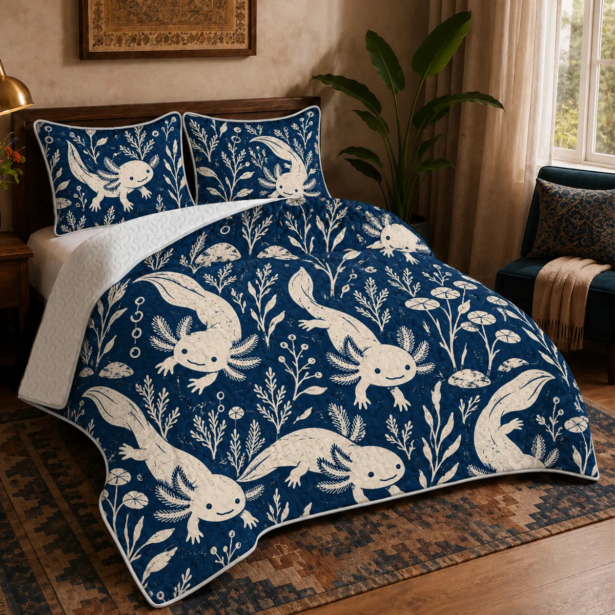 Indigo Block Print Axolotl quilt set — cream axolotls with seaweed sprigs, lily pads and bubbles on deep indigo blue