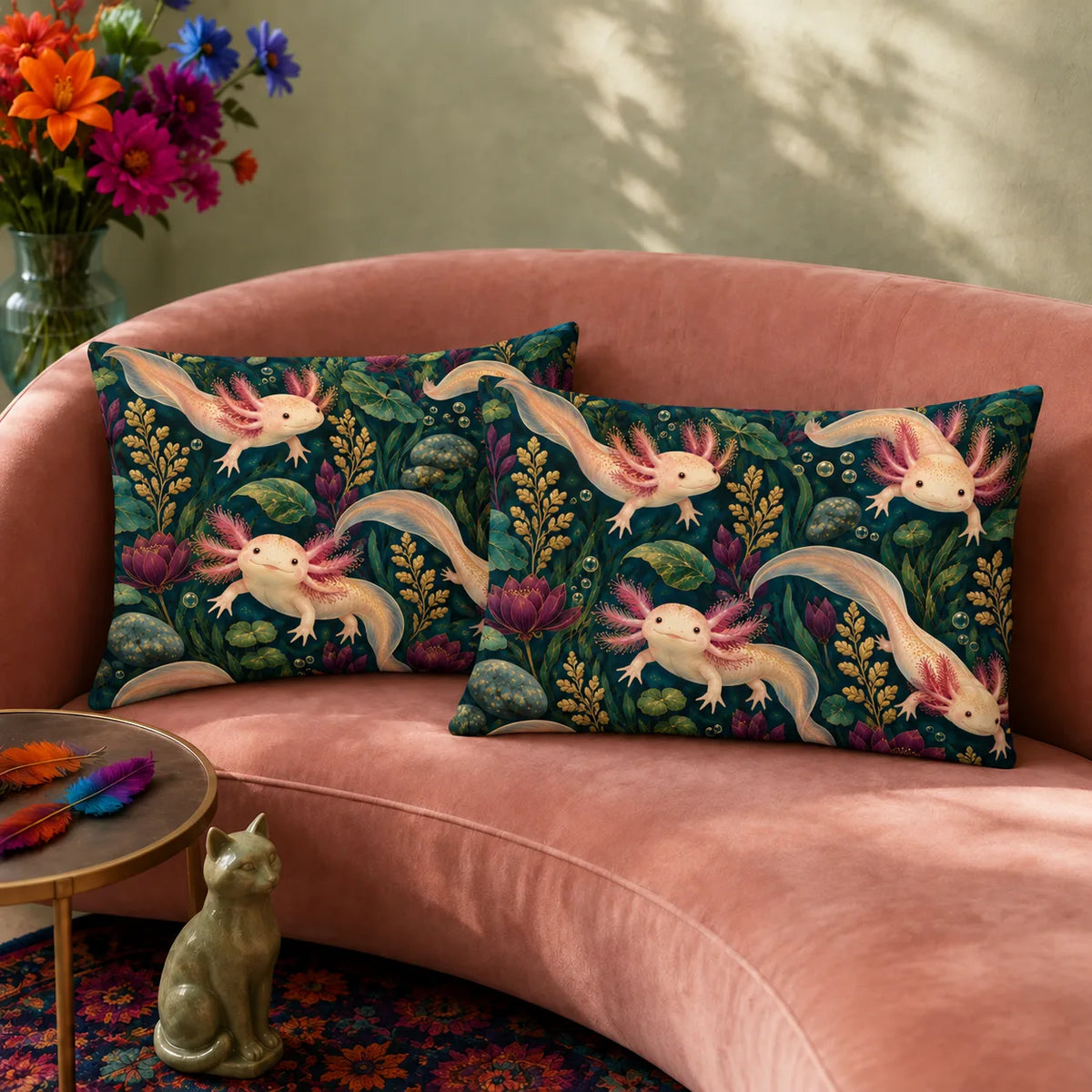 Jewel Botanical Axolotl pillowcase set — cream axolotls among plum water lilies, lily pads and gold sprigs on deep teal green