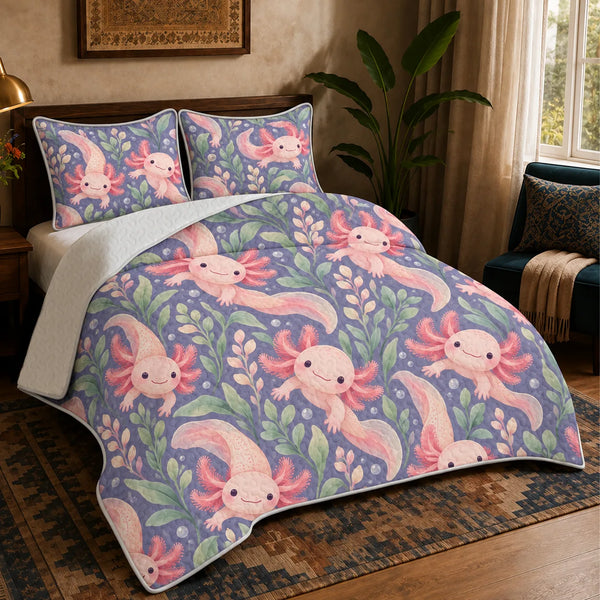 Periwinkle Pond Axolotl quilt set — smiling pink axolotls among sage leaves, blush sprigs and bubbles on dusty periwinkle