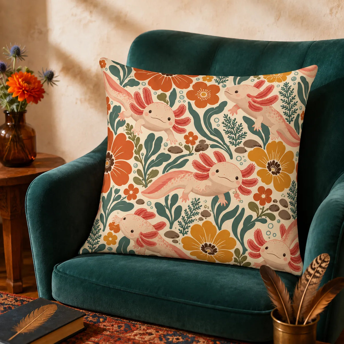 Retro Floral Axolotl cushion cover set — pink axolotls among large orange and mustard flowers and teal leaves on cream