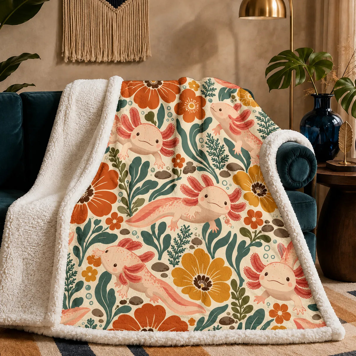 Retro Floral Axolotl sherpa blanket — pink axolotls among large orange and mustard flowers and teal leaves on cream