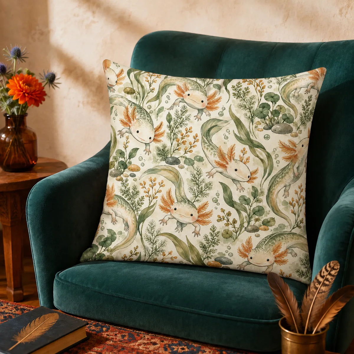 Sage Ink Wash Axolotl cushion cover set — pale axolotls with copper gills among sage seaweed, fern sprigs and pebbles on cream
