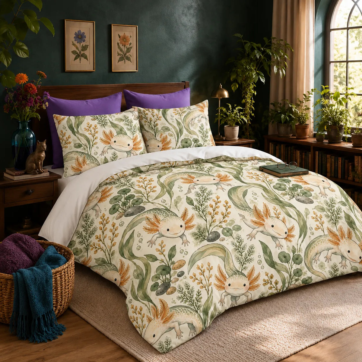 Sage Ink Wash Axolotl duvet cover set — pale axolotls with copper gills among sage seaweed, fern sprigs and pebbles on cream