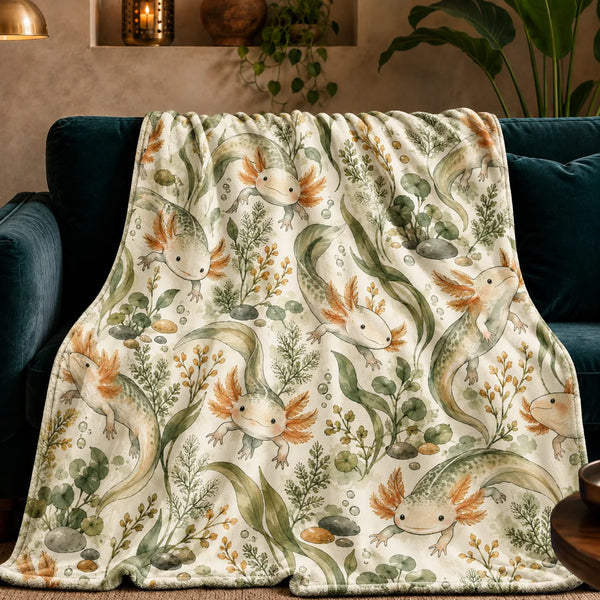 Sage Ink Wash Axolotl fleece throw blanket — pale axolotls with copper gills among sage seaweed, fern sprigs and pebbles on cream