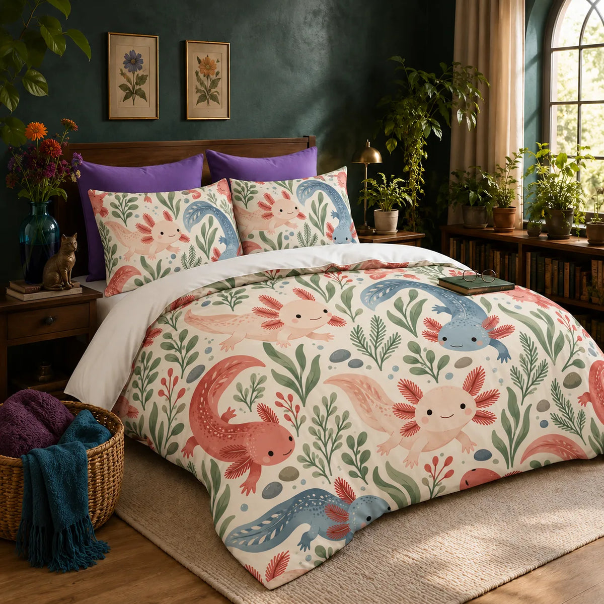Scandinavian Folk Axolotl duvet cover set — pink, coral and dusty blue axolotls with sage leaves and red berry sprigs on cream