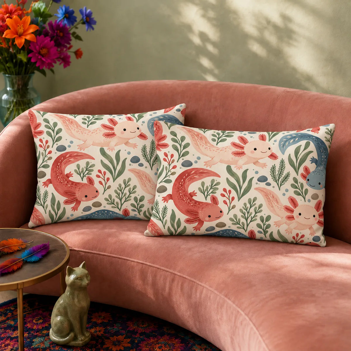 Scandinavian Folk Axolotl pillowcase set — pink, coral and dusty blue axolotls with sage leaves and red berry sprigs on cream