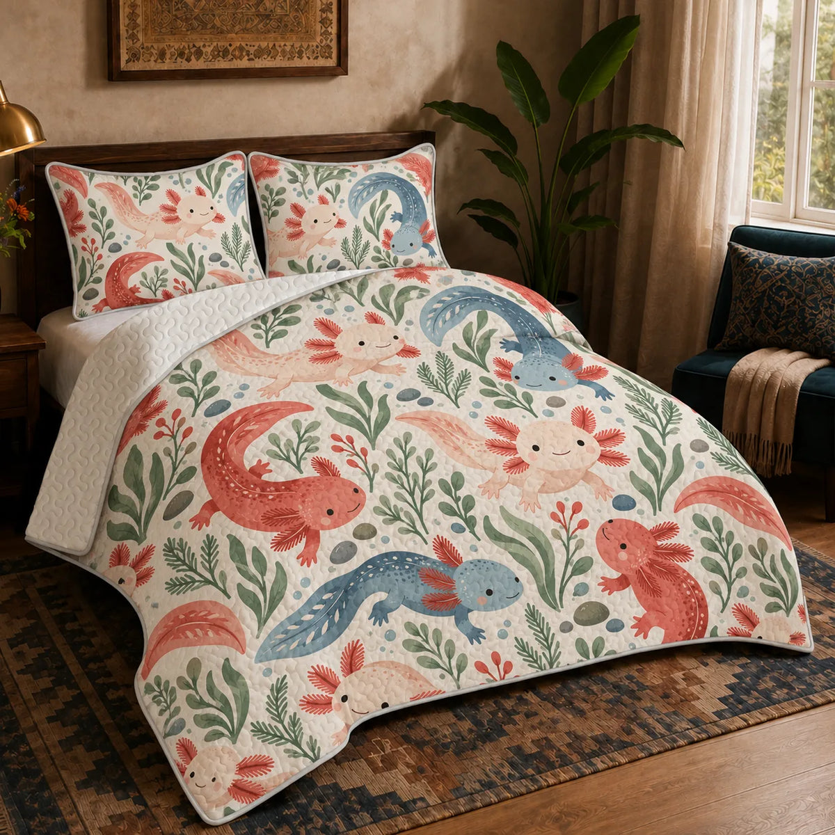 Scandinavian Folk Axolotl quilt set — pink, coral and dusty blue axolotls with sage leaves and red berry sprigs on cream