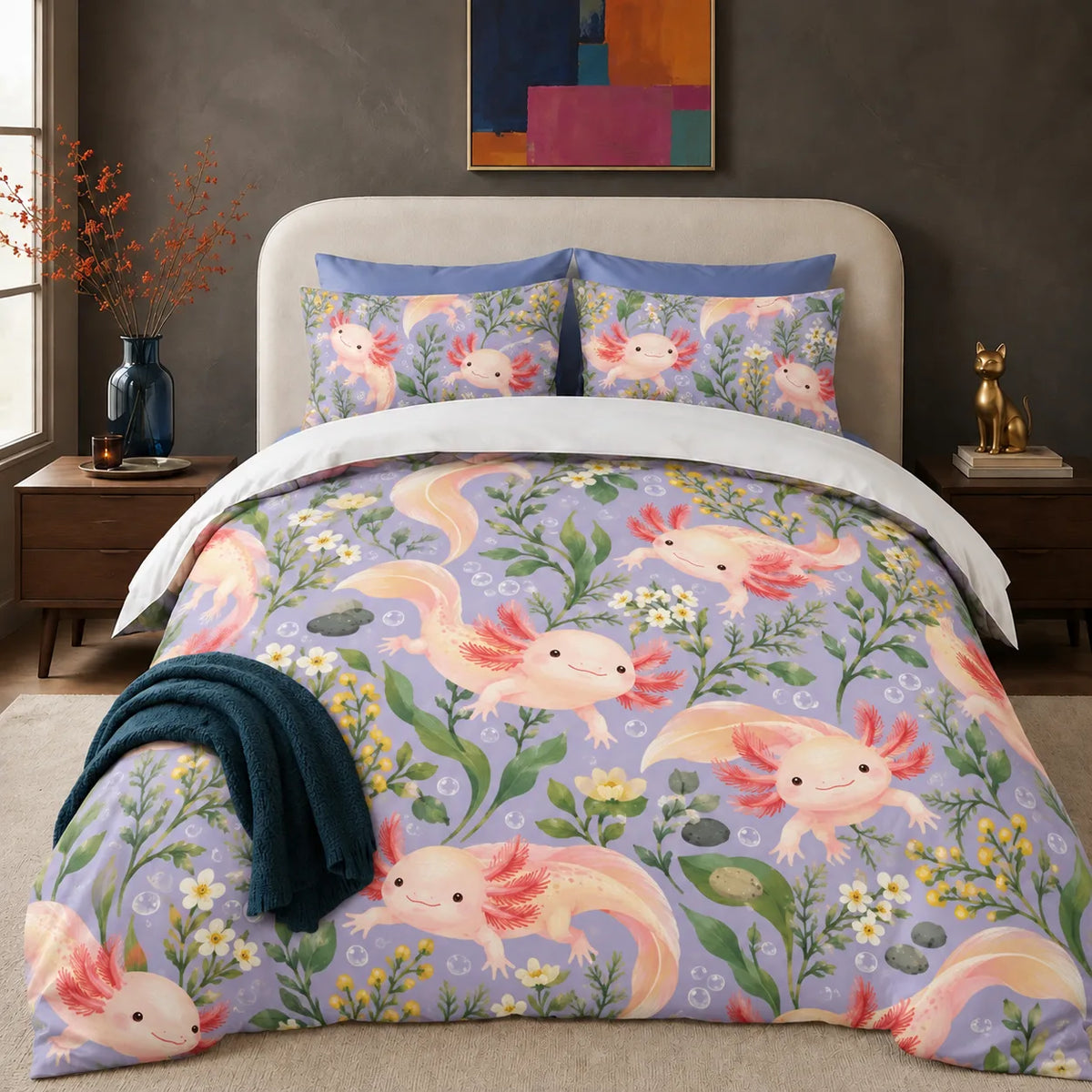 Spring Lilac Axolotl comforter set — peach-pink axolotls with white and yellow wildflowers and green leaves on lilac