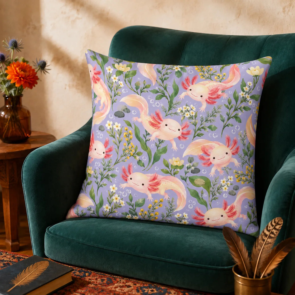 Spring Lilac Axolotl cushion cover set — peach-pink axolotls with white and yellow wildflowers and green leaves on lilac