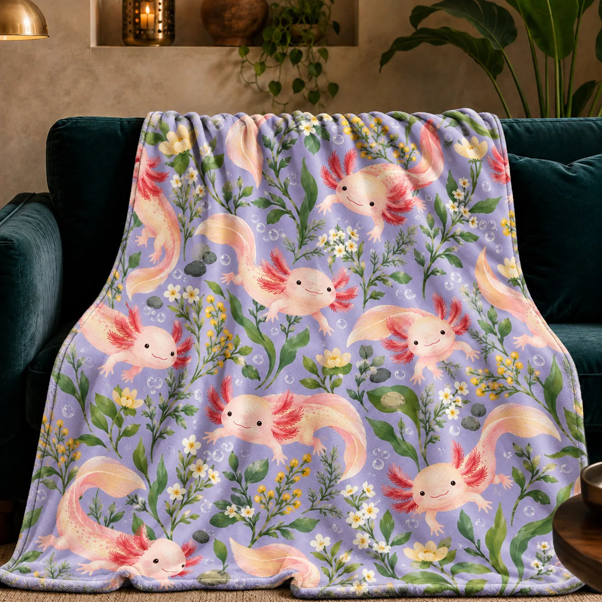 Spring Lilac Axolotl fleece throw blanket — peach-pink axolotls with white and yellow wildflowers and green leaves on lilac