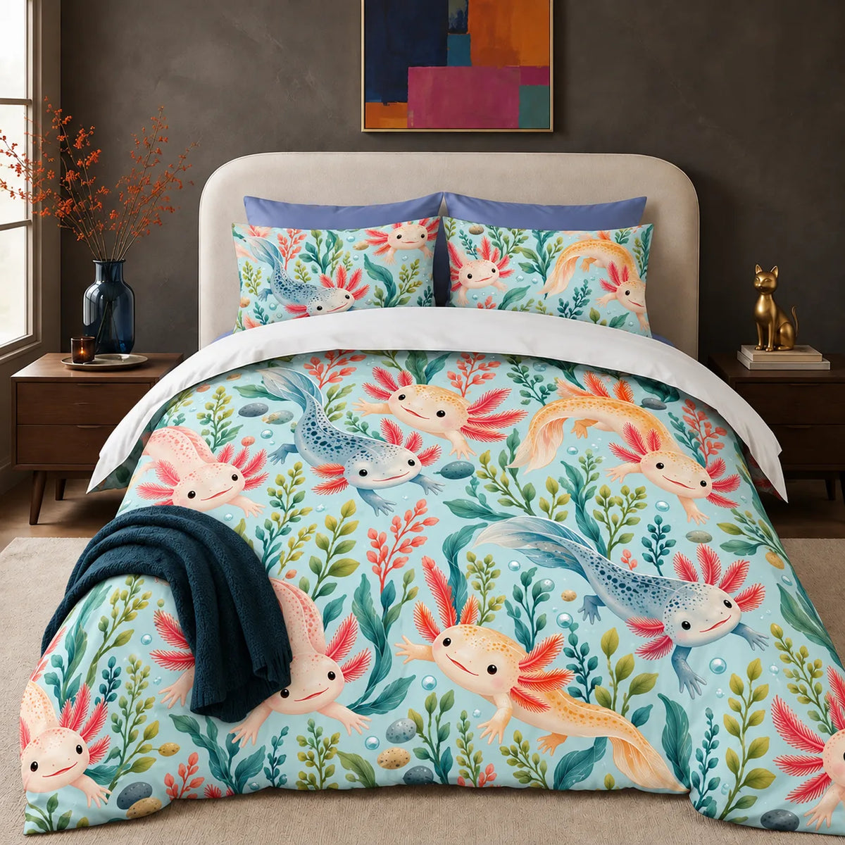 Summer Aqua Axolotl comforter set — pink, golden and blue axolotls among teal seaweed and coral plants on light aqua