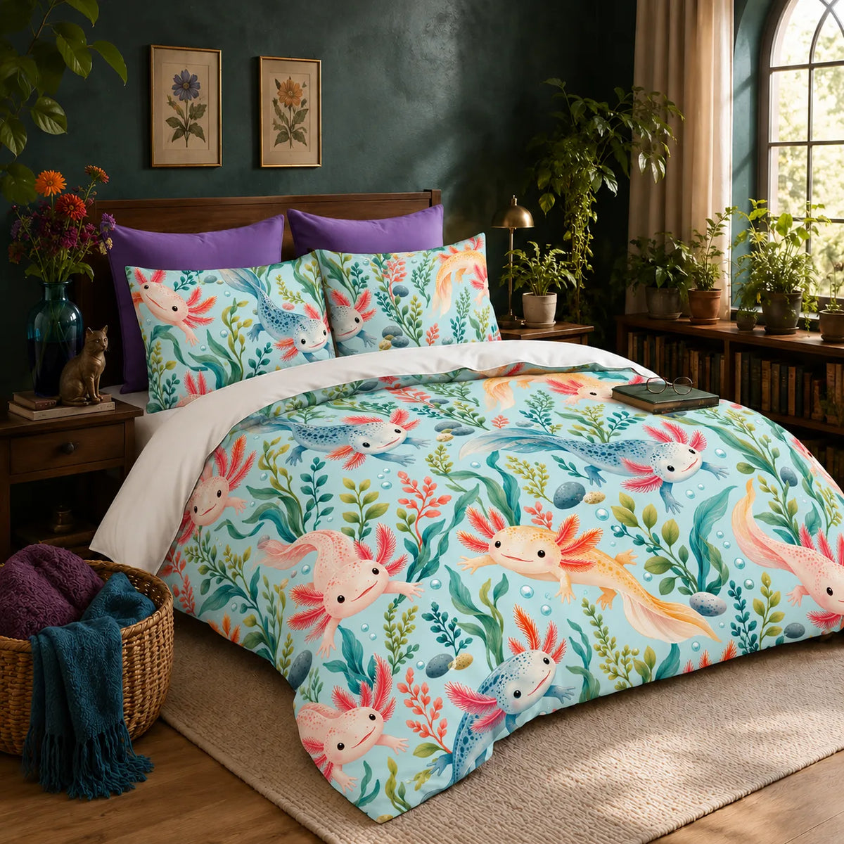 Summer Aqua Axolotl duvet cover set — pink, golden and blue axolotls among teal seaweed and coral plants on light aqua