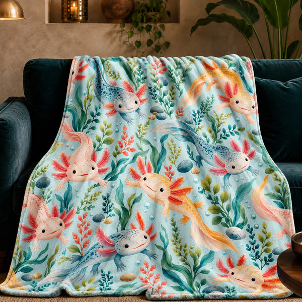 Summer Aqua Axolotl fleece throw blanket — pink, golden and blue axolotls among teal seaweed and coral plants on light aqua