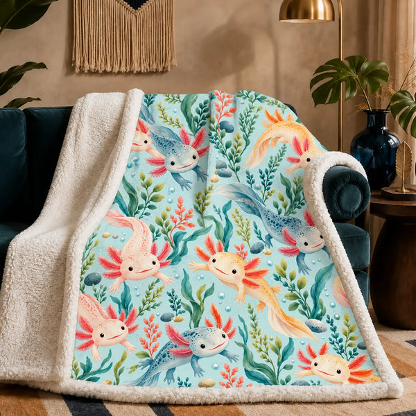 Summer Aqua Axolotl sherpa blanket — pink, golden and blue axolotls among teal seaweed and coral plants on light aqua