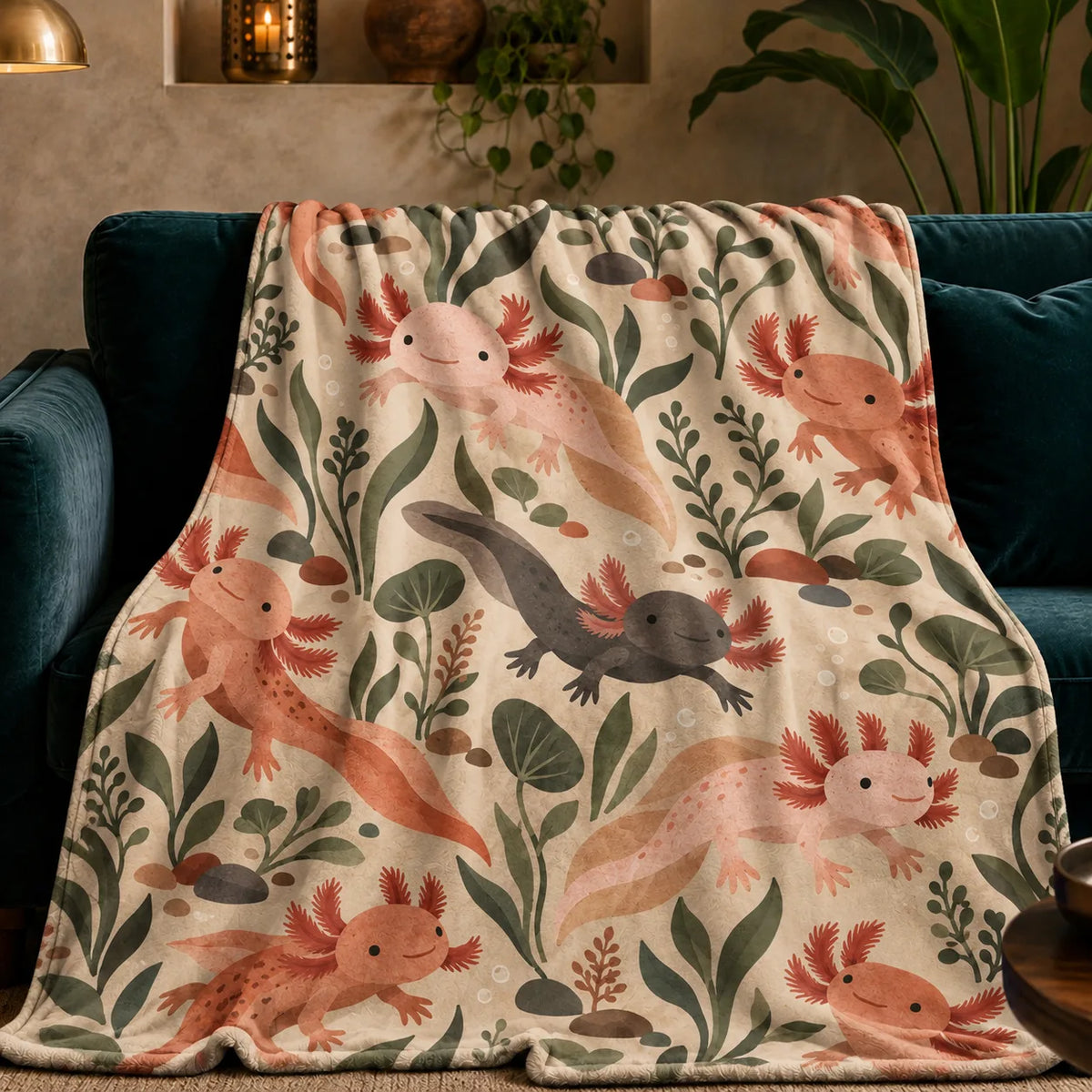 Terracotta Modern Axolotl fleece throw blanket — peach, terracotta and charcoal axolotls among olive leaves and pebbles on warm sand