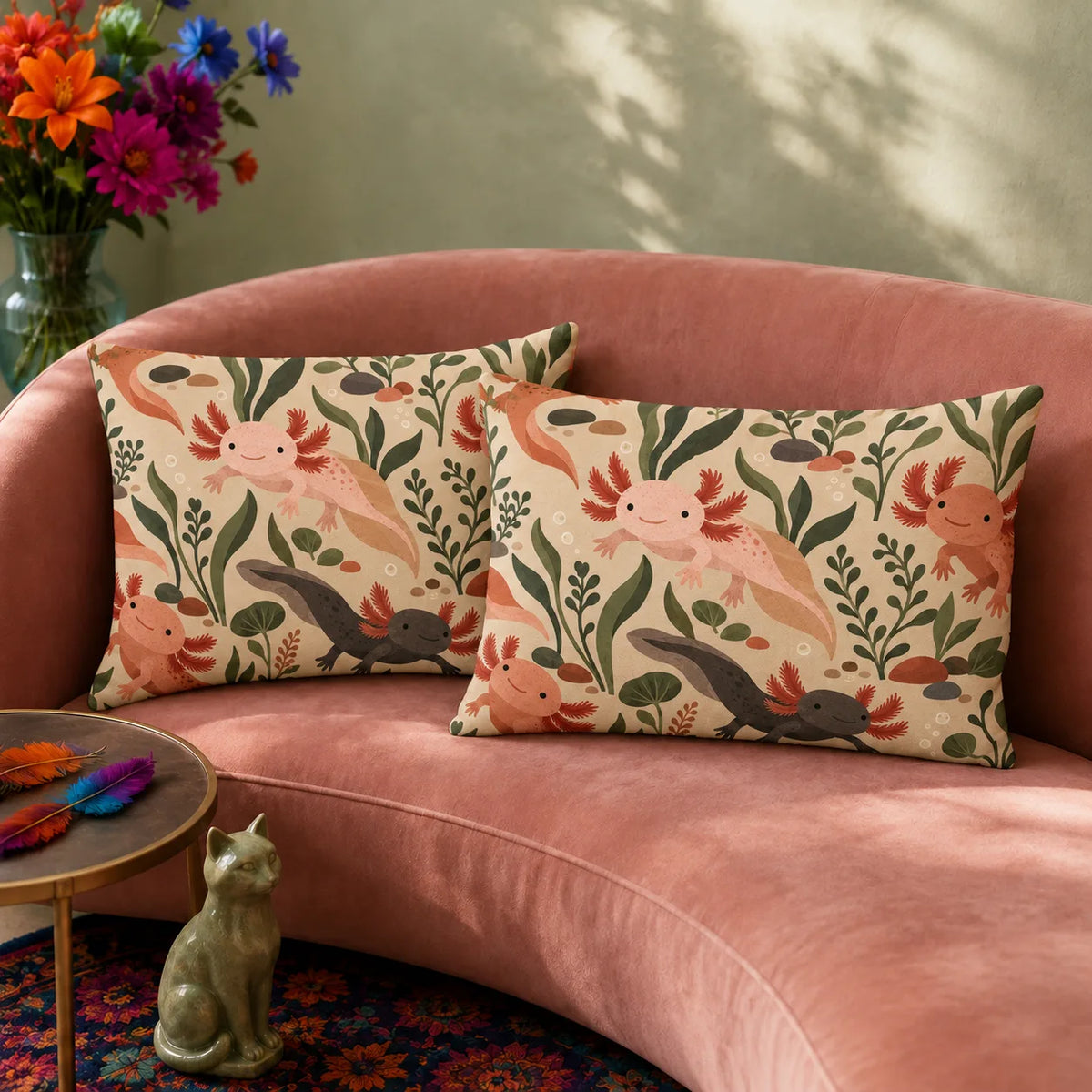 Terracotta Modern Axolotl pillowcase set — peach, terracotta and charcoal axolotls among olive leaves and pebbles on warm sand