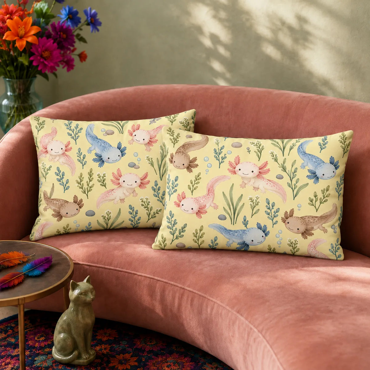 Tiny Ditsy Axolotl pillowcase set — small pink, blue and brown axolotls with green sprigs and pebbles on butter yellow